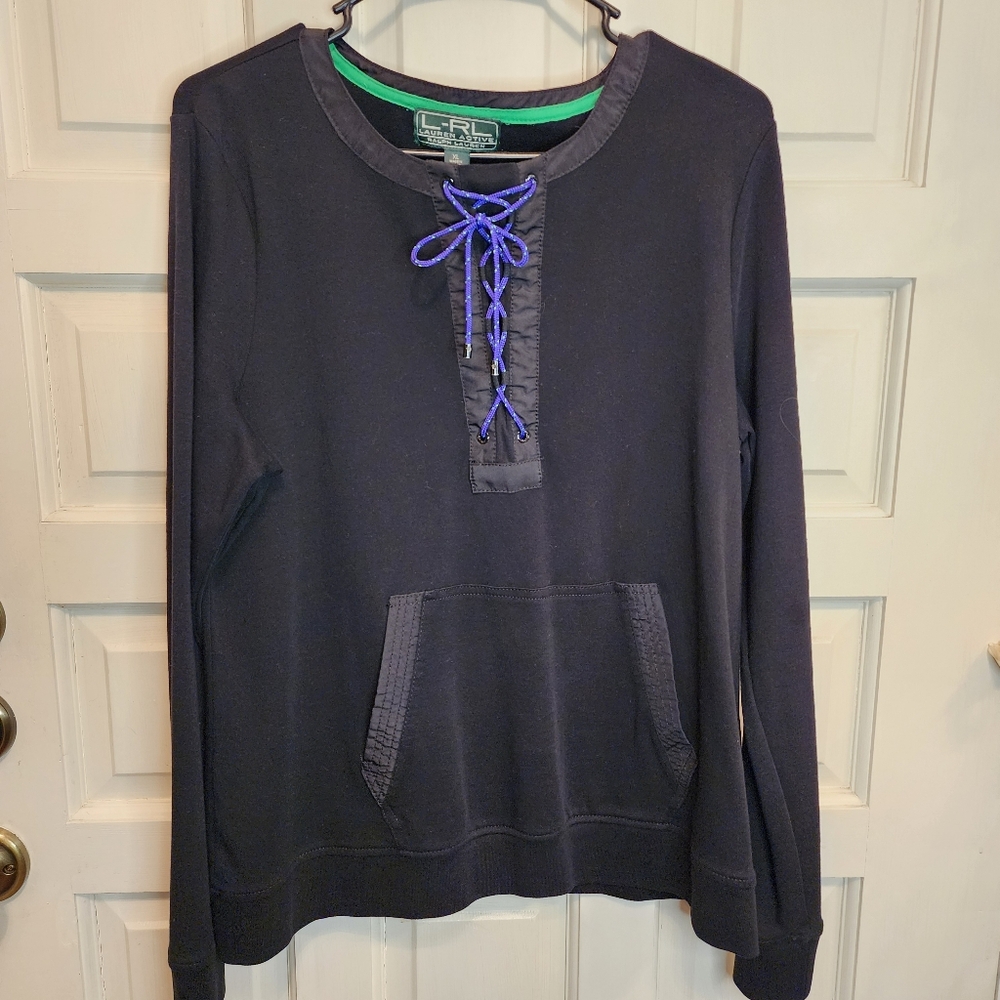 Ralph Lauren Black Knit Top Purple Ties Front Pouch Pocket 100% Cotton